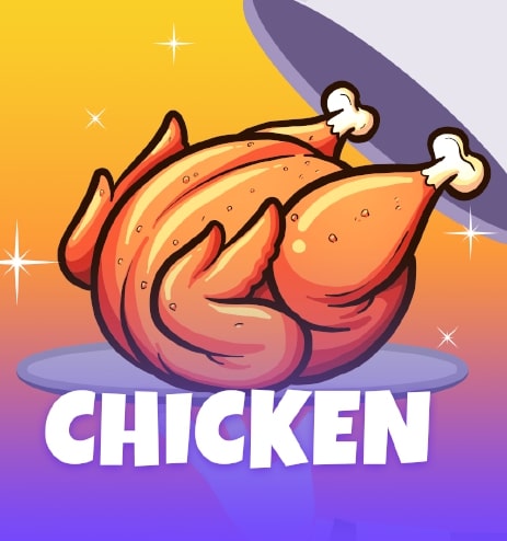Uma ilustração divertida de uma galinha usando um chapéu de cassino, em frente a uma placa de néon do cassino